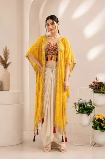 Designer draped skirt set with sequins shrug & tube blouse