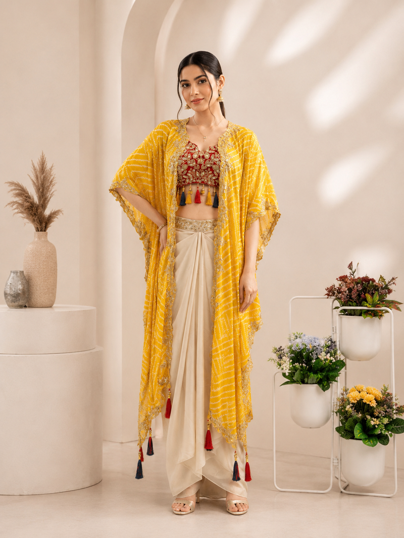 Designer draped skirt set with sequins shrug & tube blouse
