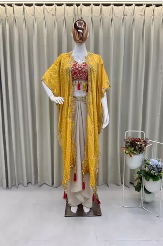 Designer draped skirt set with sequins shrug & tube blouse