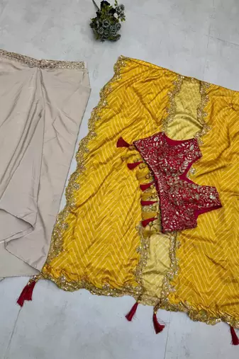 Designer draped skirt set with sequins shrug & tube blouse