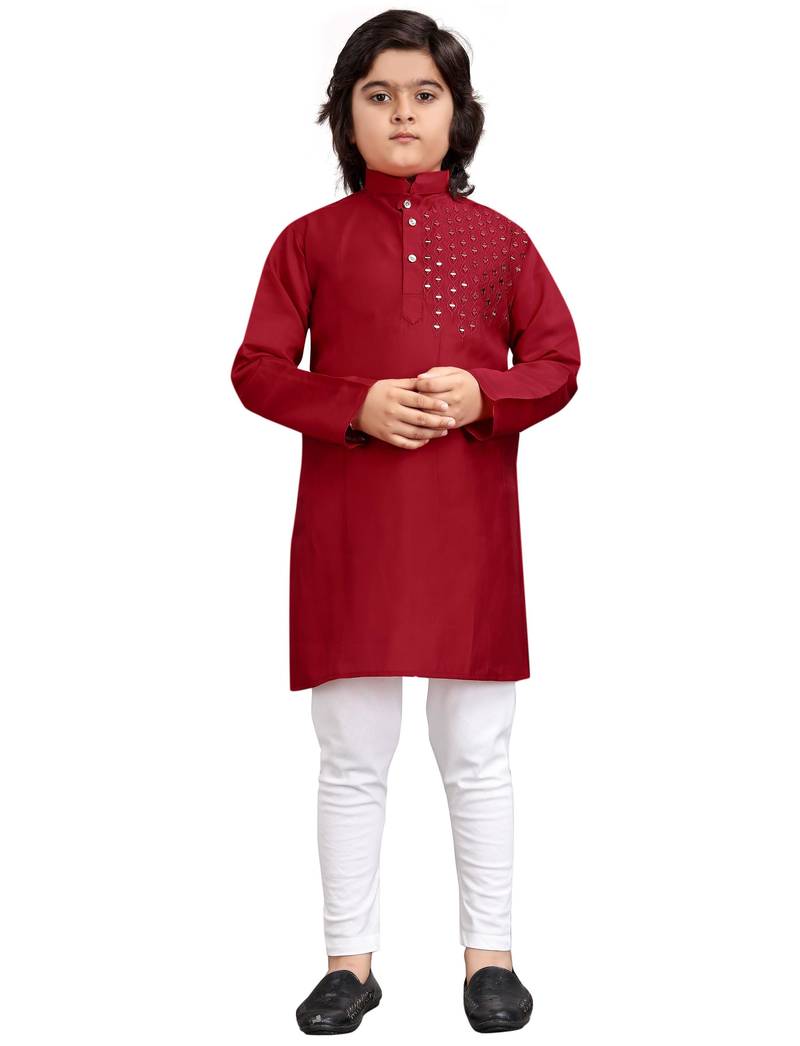 Red viscose sequins embroidery work kid's kurta pyjama