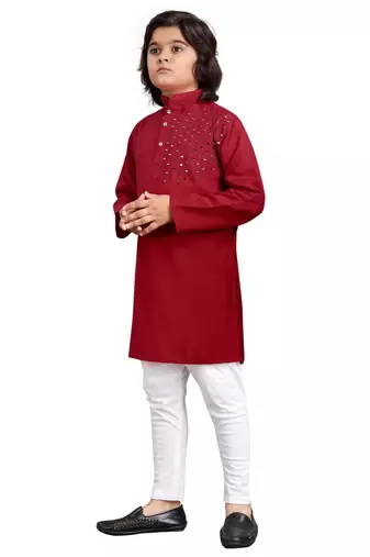 Red viscose sequins embroidery work kid's kurta pyjama