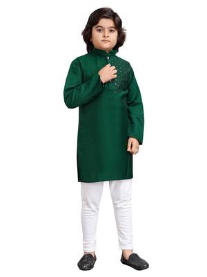 Green viscose sequins embroidery work kid's kurta pyjama 1