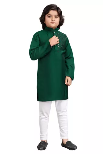 Green viscose sequins embroidery work kid's kurta pyjama