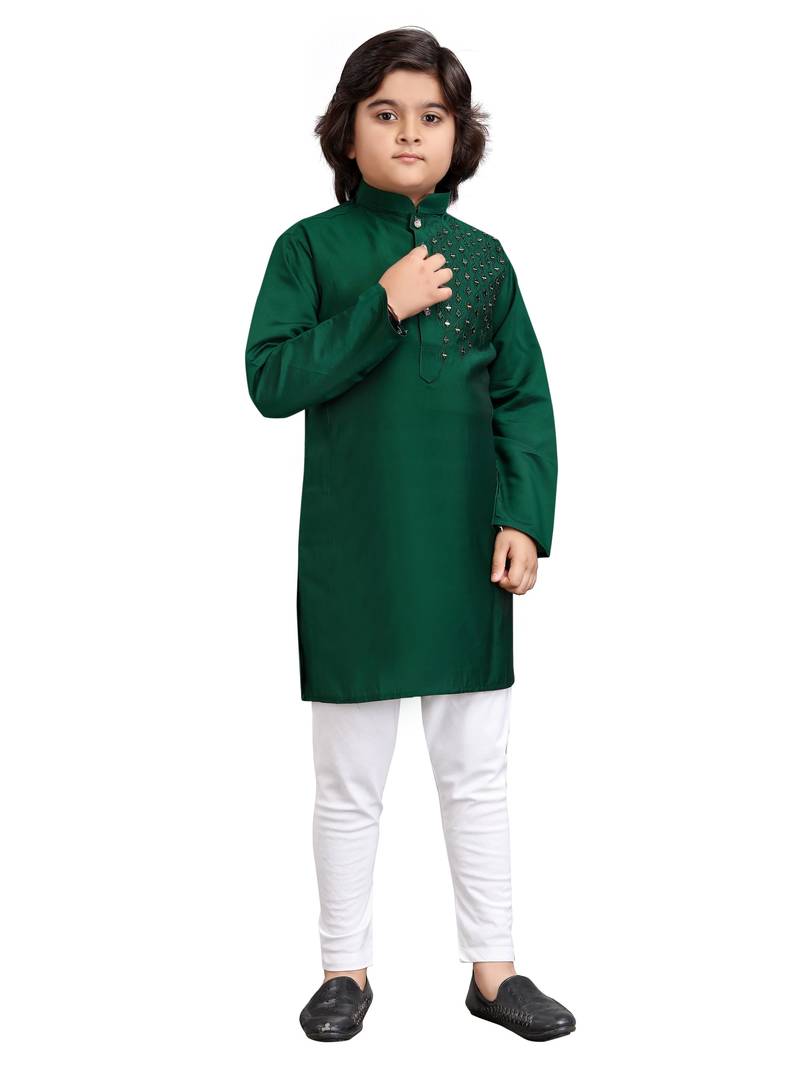Green viscose sequins embroidery work kid's kurta pyjama