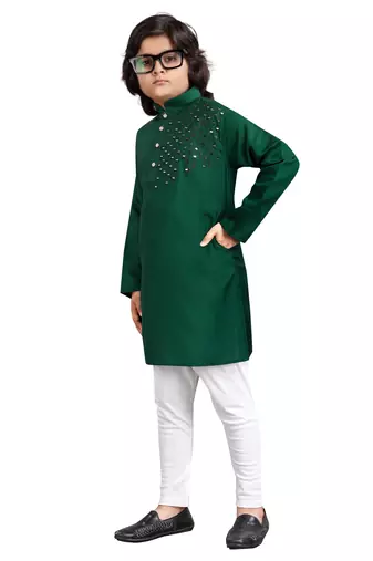 Green viscose sequins embroidery work kid's kurta pyjama