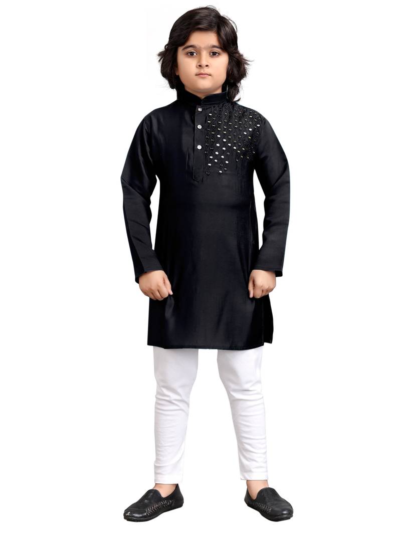 Black viscose sequins embroidery work kid's kurta pyjama