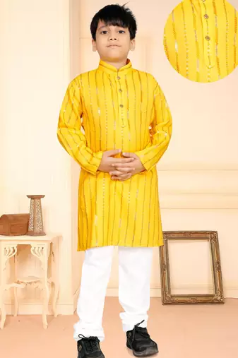 Yellow soft cotton sequins work work kid's kurta pyjama