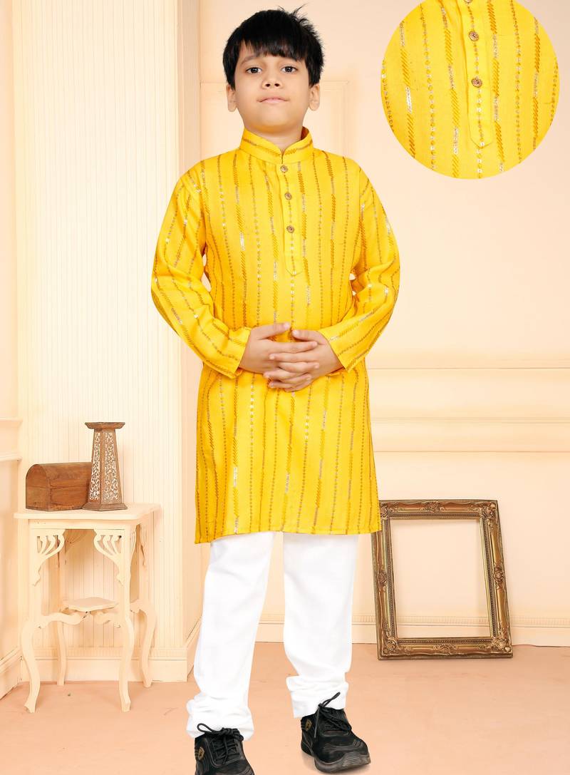 Yellow soft cotton sequins work work kid's kurta pyjama