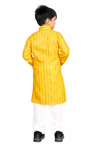 Yellow soft cotton sequins work work kid's kurta pyjama