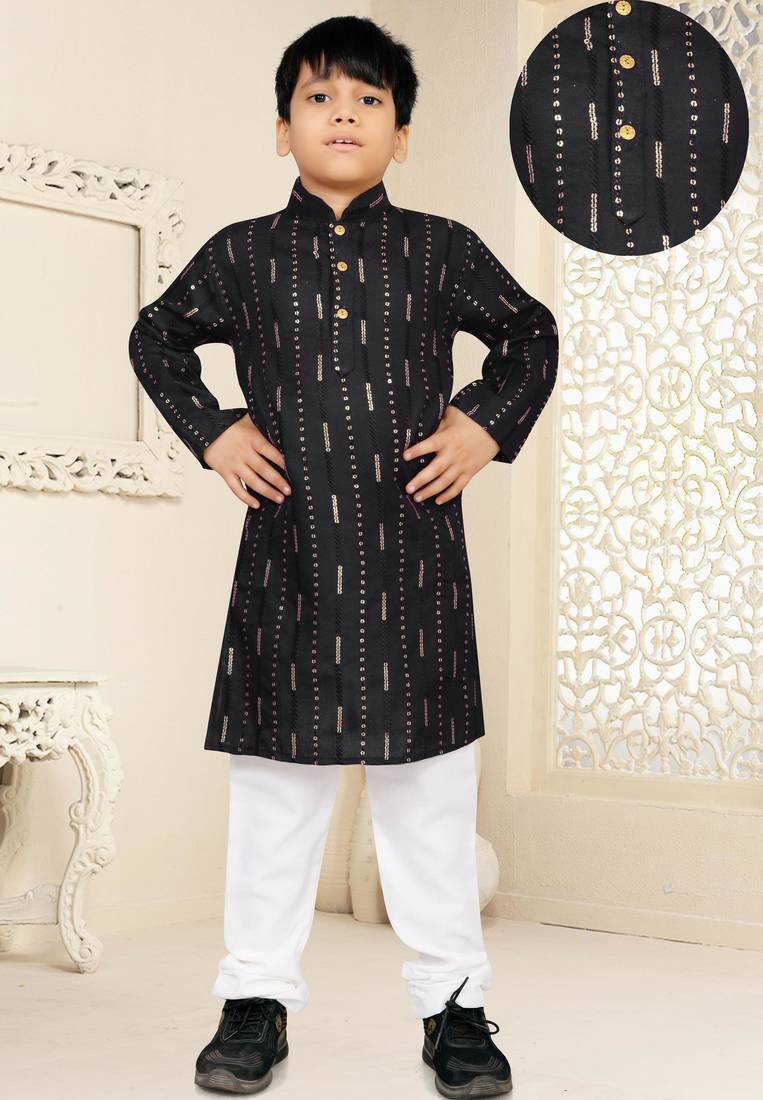 Black soft cotton sequins work work kid's kurta pyjama