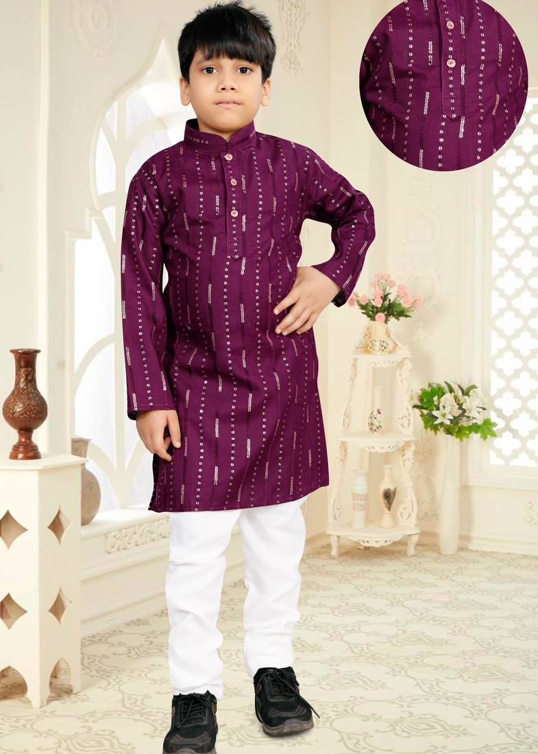 Wine soft cotton sequins work work kid's kurta pyjama
