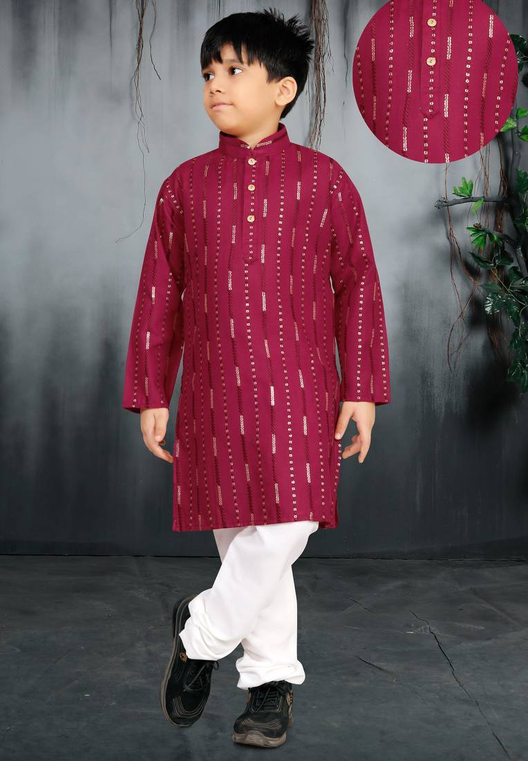 Maroon soft cotton sequins work work kid's kurta pyjama