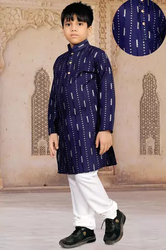 Blue soft cotton sequins work work kid's kurta pyjama