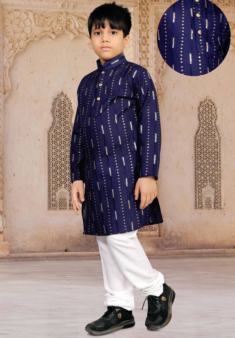 Blue soft cotton sequins work work kid's kurta pyjama