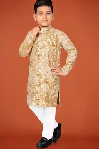 Yellow viscose rayon embroidered work kid's kurta pyjama