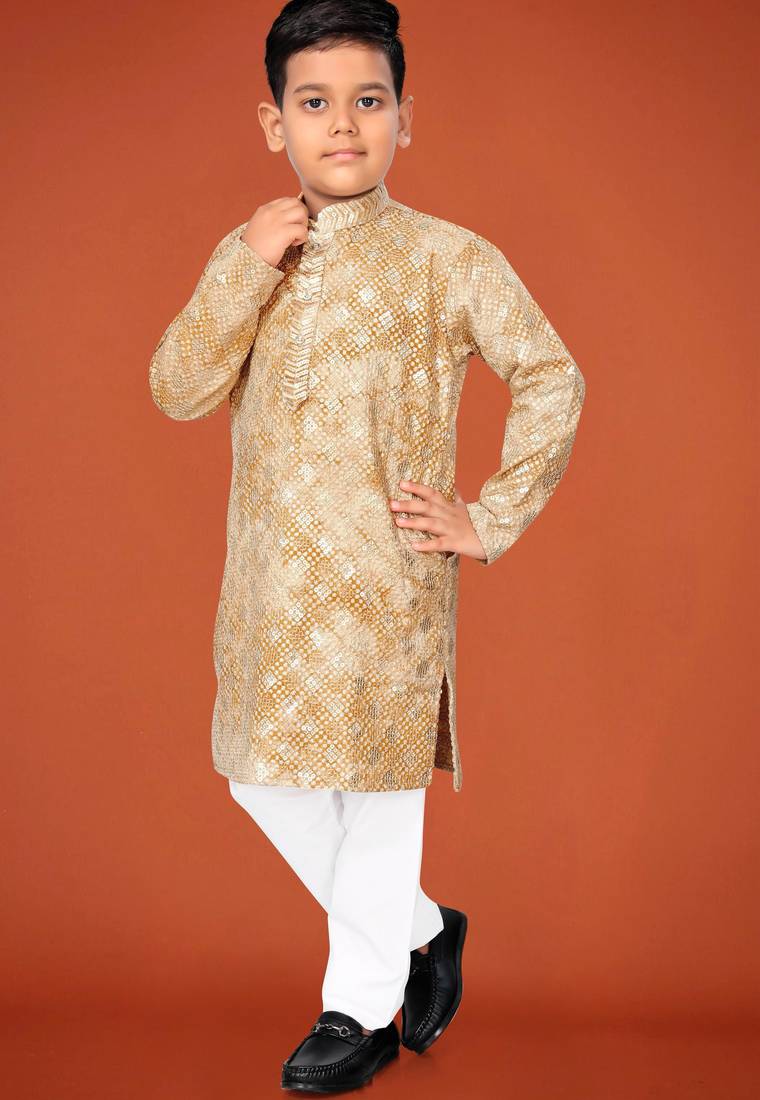 Yellow viscose rayon embroidered work kid's kurta pyjama