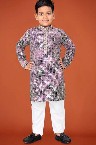 Purple viscose rayon embroidered work kid's kurta pyjama