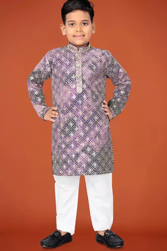 Purple viscose rayon embroidered work kid's kurta pyjama