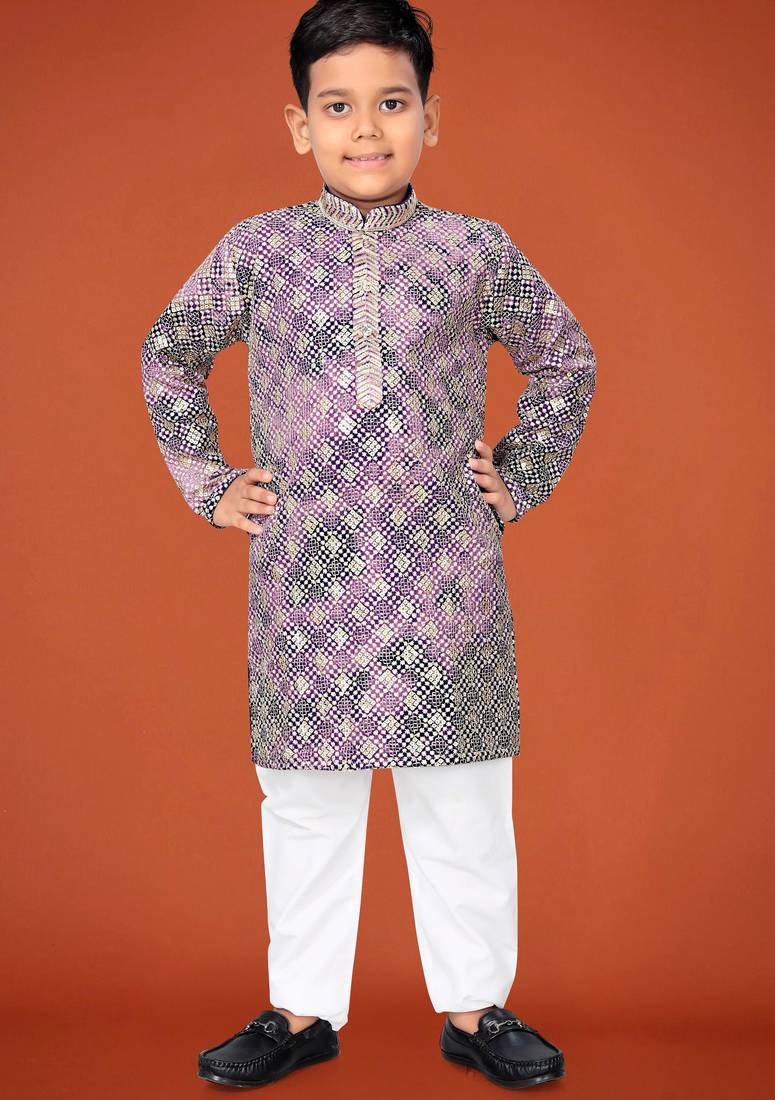Purple viscose rayon embroidered work kid's kurta pyjama