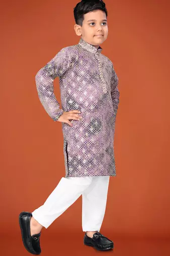 Purple viscose rayon embroidered work kid's kurta pyjama