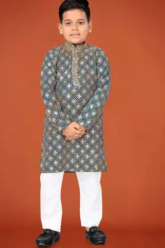 Grey viscose rayon embroidered work kid's kurta pyjama