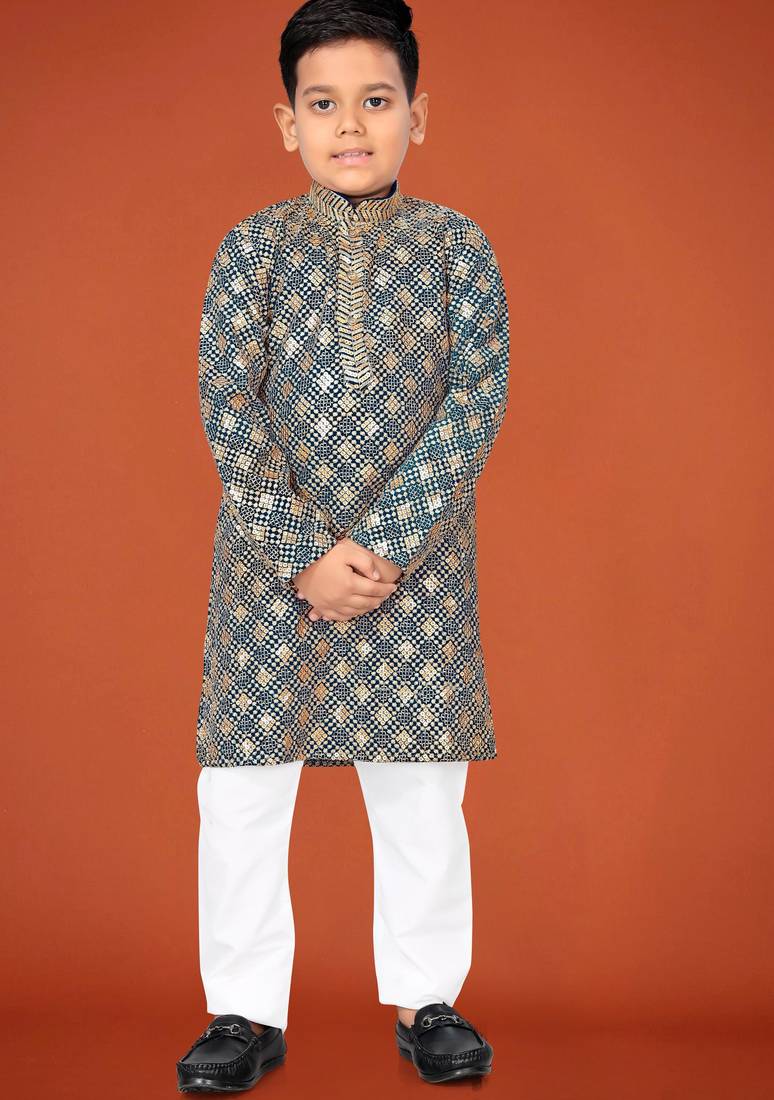 Grey viscose rayon embroidered work kid's kurta pyjama