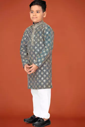 Grey viscose rayon embroidered work kid's kurta pyjama