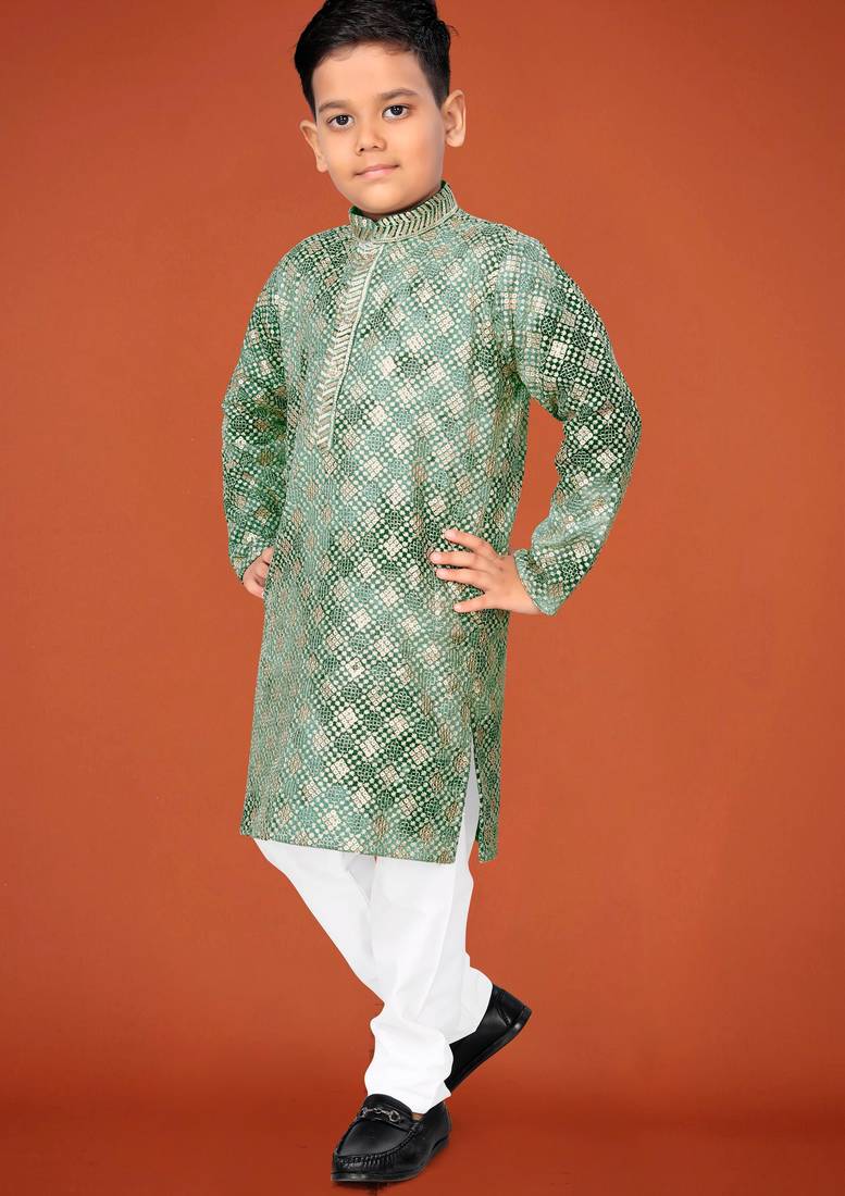 Green viscose rayon embroidered work kid's kurta pyjama