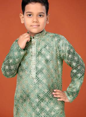 Green viscose rayon embroidered work kid's kurta pyjama 3