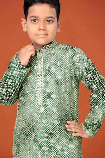 Green viscose rayon embroidered work kid's kurta pyjama