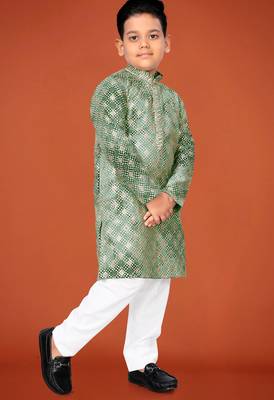 Green viscose rayon embroidered work kid's kurta pyjama 4