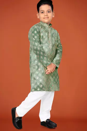 Green viscose rayon embroidered work kid's kurta pyjama