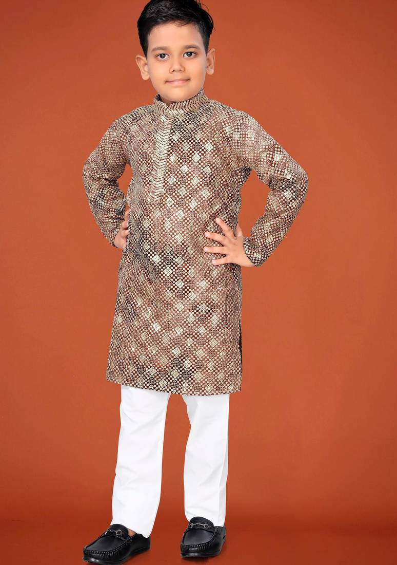 Rust viscose rayon embroidered work kid's kurta pyjama