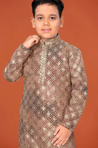 Rust viscose rayon embroidered work kid's kurta pyjama
