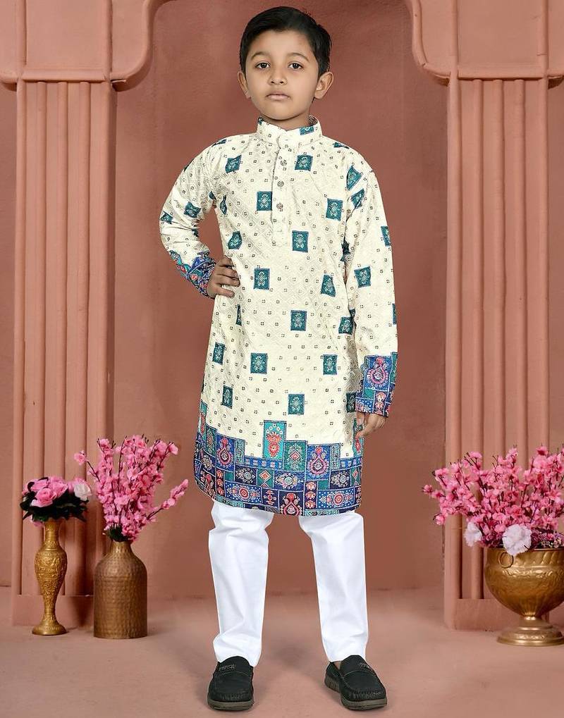 Teal rayon chikankari work work kid's kurta pyjama