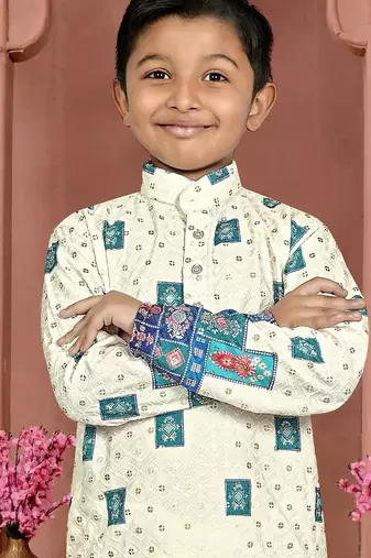 Teal rayon chikankari work work kid's kurta pyjama