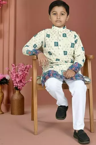 Teal rayon chikankari work work kid's kurta pyjama