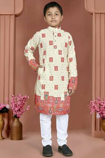 Orange rayon chikankari work work kid's kurta pyjama