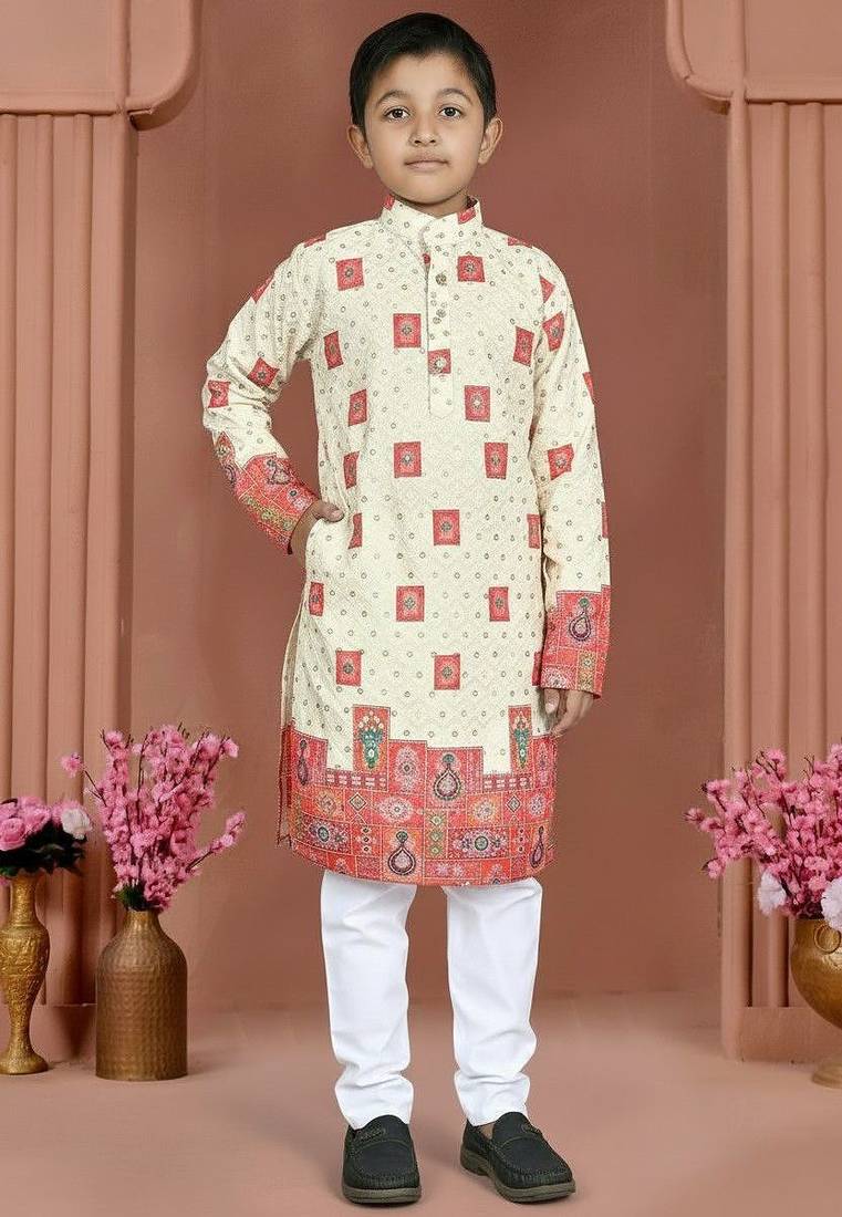 Orange rayon chikankari work work kid's kurta pyjama