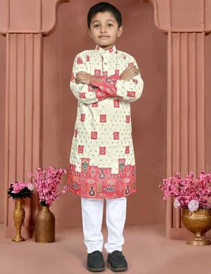 Orange rayon chikankari work work kid's kurta pyjama 4