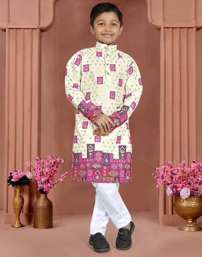 Pink rayon chikankari work work kid's kurta pyjama
