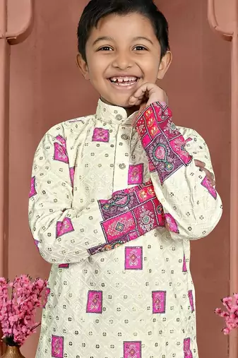 Pink rayon chikankari work work kid's kurta pyjama