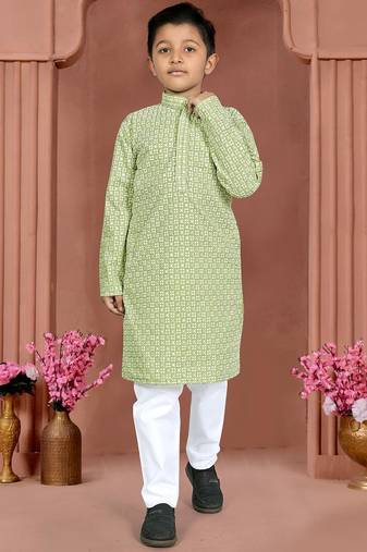 Olive green cotton chikankari work work kid's kurta pyjama