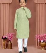 Olive green cotton chikankari work work kid's kurta pyjama