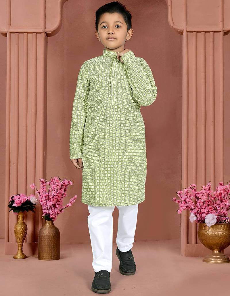 Olive green cotton chikankari work work kid's kurta pyjama