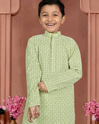 Olive green cotton chikankari work work kid's kurta pyjama 2
