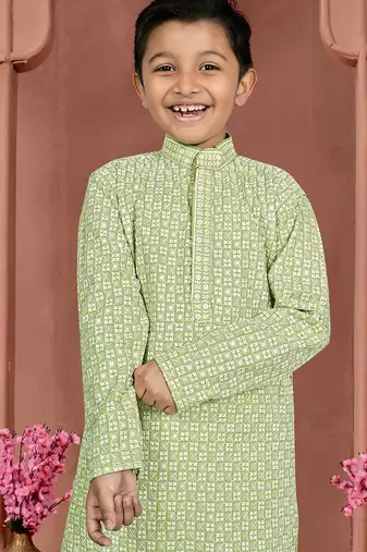 Olive green cotton chikankari work work kid's kurta pyjama