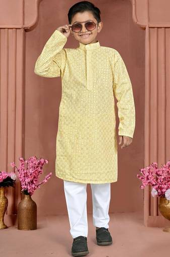 Yellow cotton chikankari work work kid's kurta pyjama