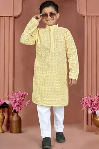Yellow cotton chikankari work work kid's kurta pyjama